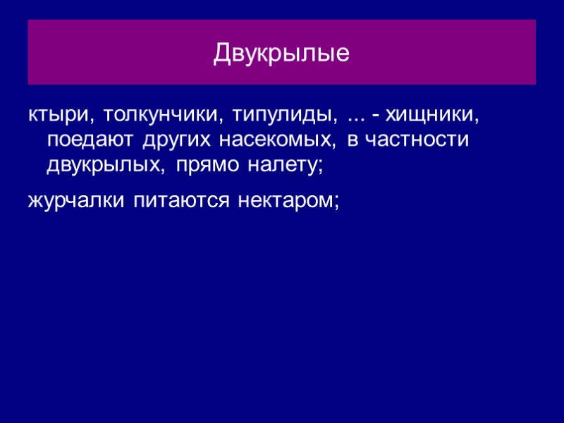 Двукрылые ктыри, толкунчики, типулиды, ... - хищники, поедают других насекомых, в частности двукрылых, прямо